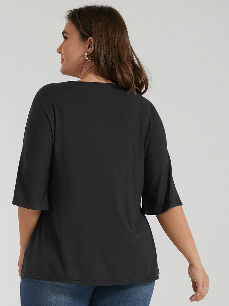 

Plus Size V Neck Modal Twist Front T-shirt Black V-neck Short sleeve Elegant Jersey Tops